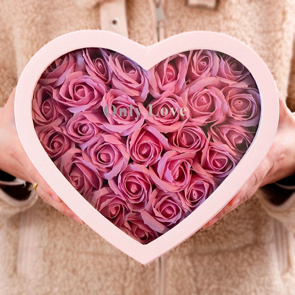 Caja de regalo de flores de jab&oacute;n de terciopelo en forma de coraz&oacute;n, embalaje a mano de rosas que nunca se decoloran, regalos de boda, decoraci&oacute;n de San Valent&iacute;n-4