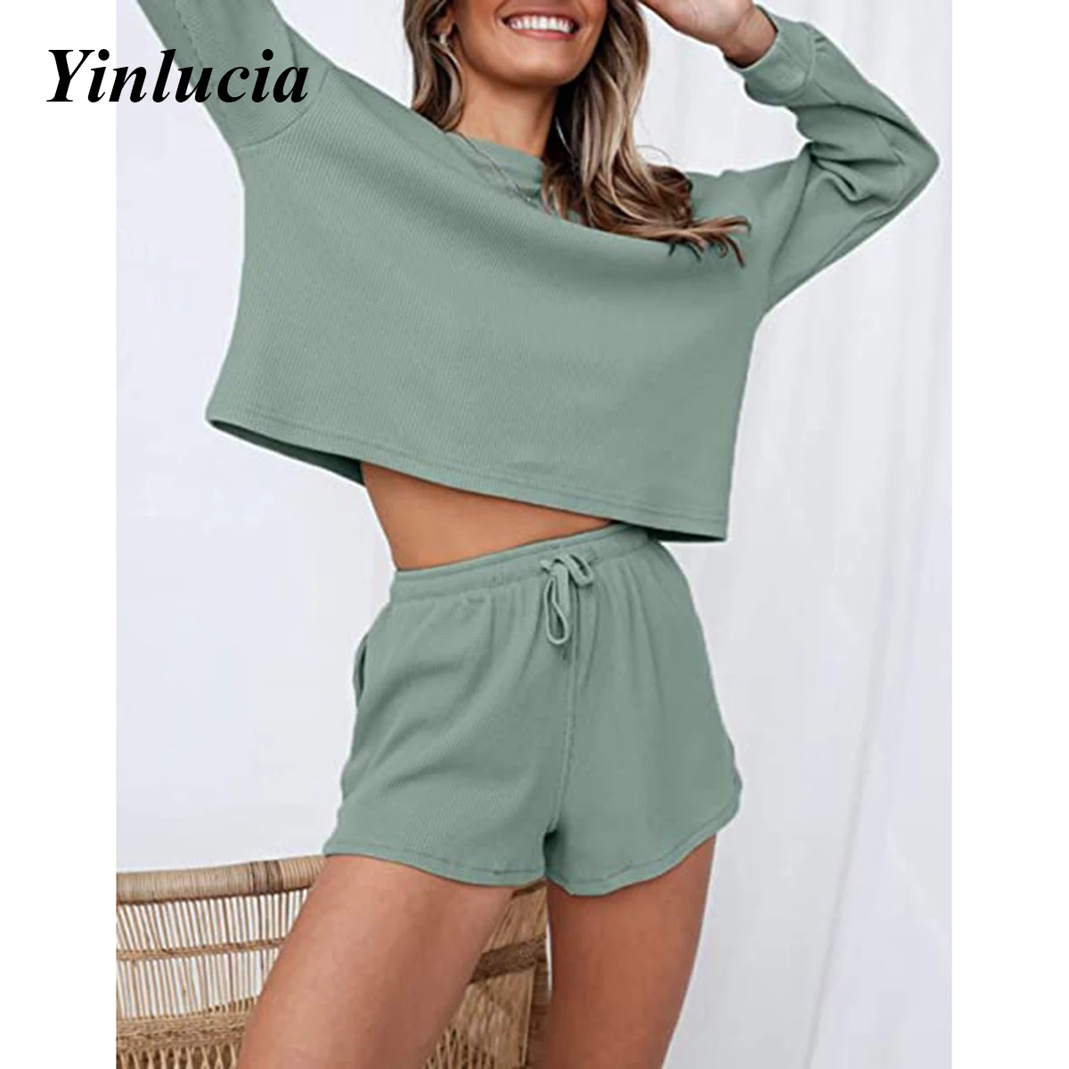 

Tracksuits Sets 2021 Tops New Exquisite Waffle Long Sleeve Shorts Sets Two Piece Set Loose Womens Casual Comfortable