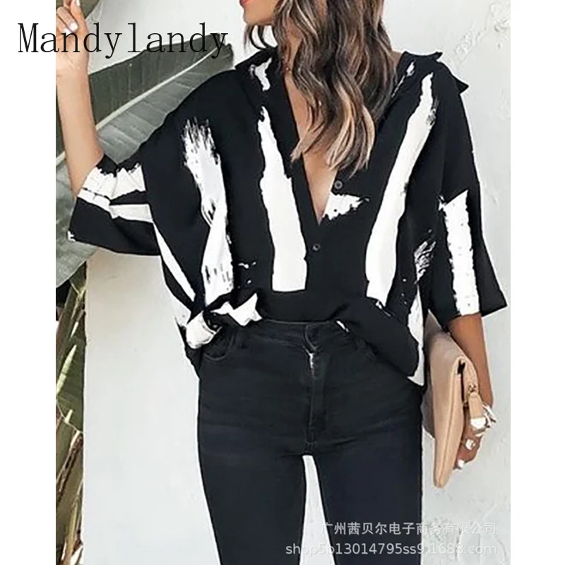 

Женская элегантная полосатая Лоскутная рубашка Mandylandy, топ, женская сексуальная модная однобортная свободная футболка с длинным рукавом и о...