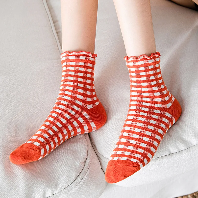 5 пар 2020 осень зима новые хлопковые носки для женщин клетчатые мягкие