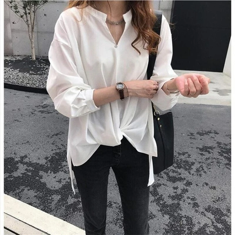 

Summer Autumn New Shirts Women Long Sleeved Shirt Loose BF Shirt Solid Color V Neck Shirt Tie Casual Loose