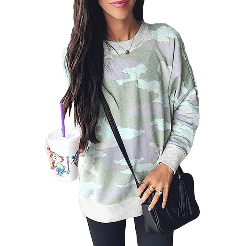 

2019 Spring Autumn Hoodies Women Sweatshirts Fashion Camouflage Print Top New Round Neck Long Sleeve Pullover Large Size Shirts