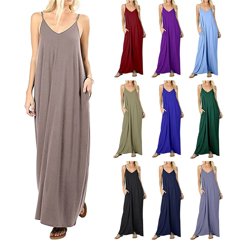 

Express 2021 European and American New Women's Wear Summer Sexy Suspender Solid Color Long Skirt Pocket Loose V-neck Dress