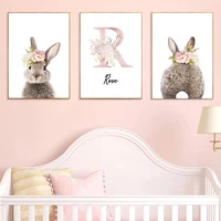 baby girls custom name rabbit poster pink flower wall art canvas painting nordic wall pictures nursery prints kids room decor