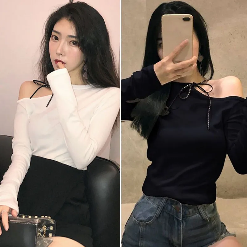 Новая модная белая футболка сексуальный вырез косой воротник плечевой ремень на