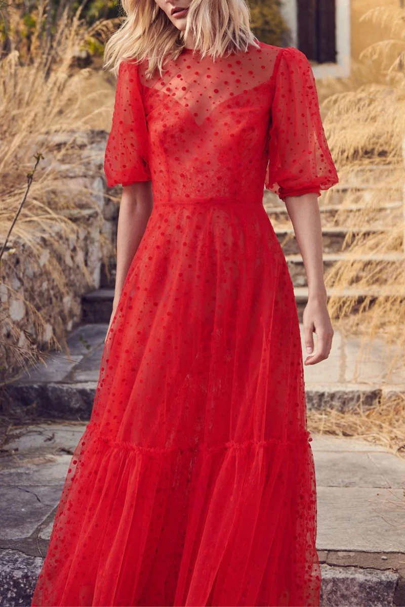 

Fairy Retro Flocking Red Dress Waist Is Thinner Fairy Net Gauze Skirt French Ladies Slim Dress Impreso Floral Saten