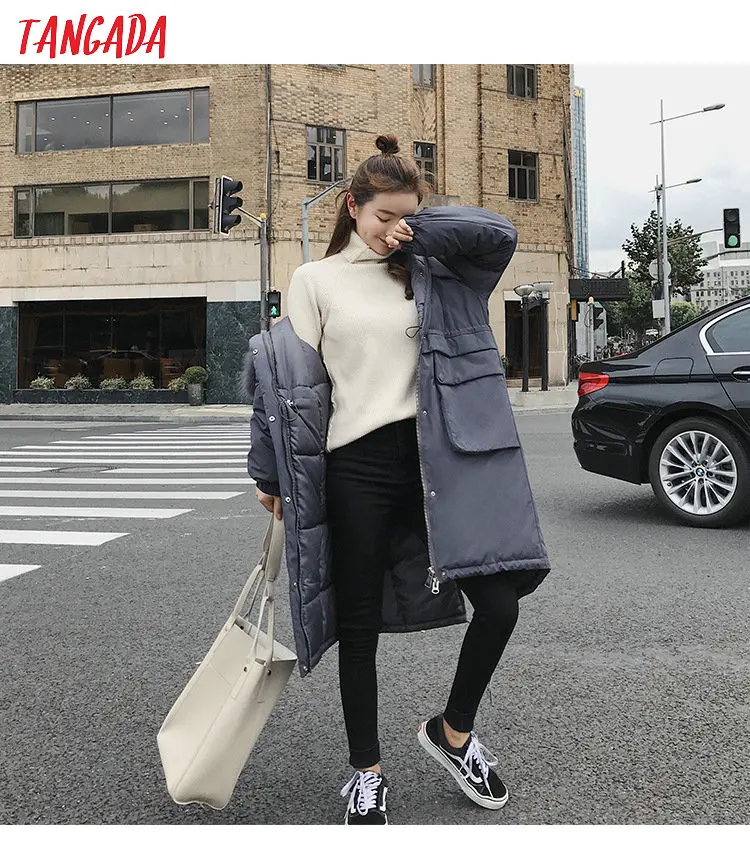 Tangada зимнее женское черное пальто с хлопковой подкладкой размера плюс 2XL длинная парка с меховым воротником пальто с капюшоном теплая верхняя одежда AMK11