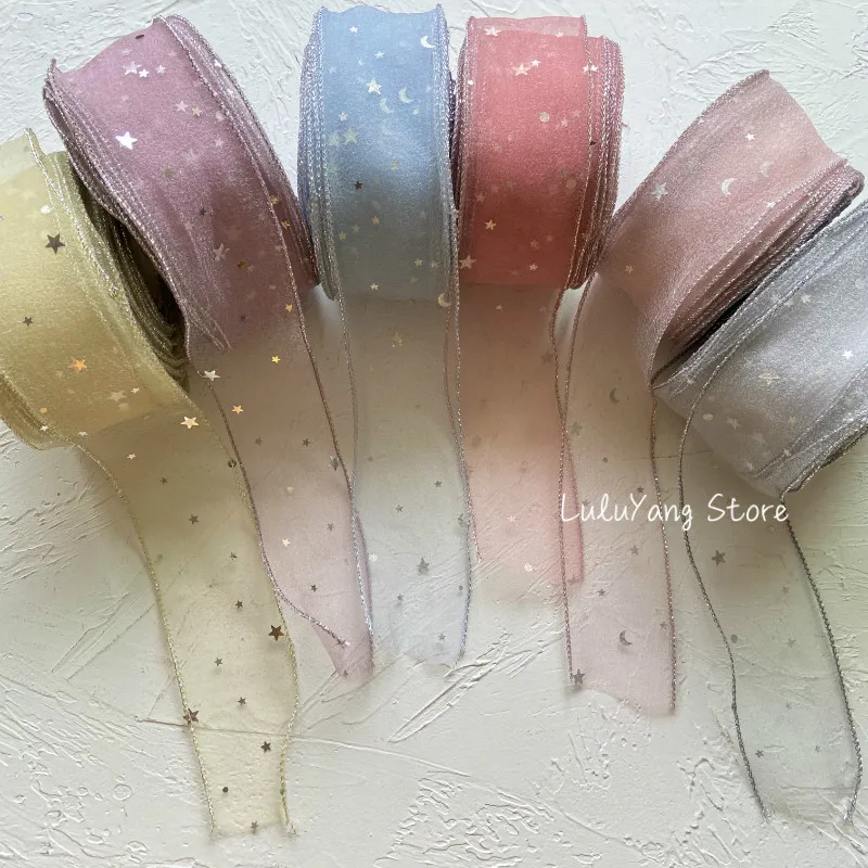 

Sequins Tulle Ribbon Roll Silver Star Moon Wire Edged For Crafts Baby Girl Hair Accessories Bows Flower Seersucker Voile Tape 2"