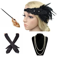 1920s great gatsby party costume accessories set 20s flapper feather headband pearl necklace gloves cigarette holder 4 pcs set