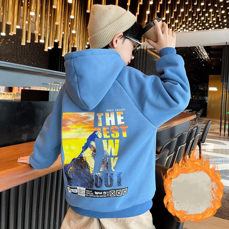 

Kids Autumn Winter Plus Velvet Warm Hoodies Boys Fashion Print Sweatshirt Children Long Sleeve Pullover Tops 4 6 8 10 12 13 Year