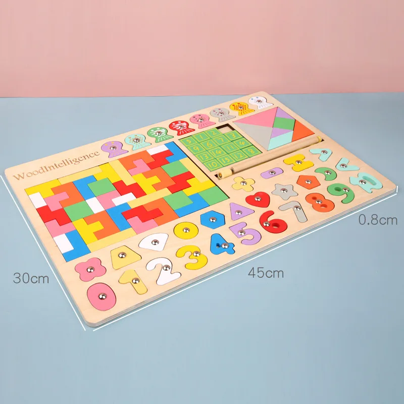 

wooden toys Enlightenment for kids multifunctional 5-in-1Tetris tangram fishing Digital Puzzle toy for Children