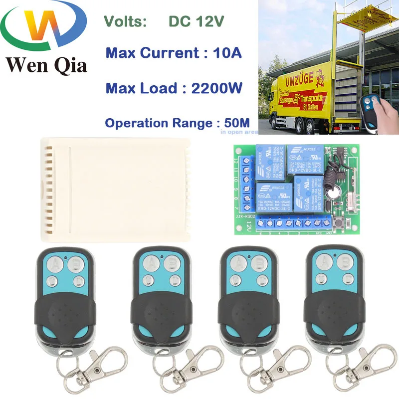 

Wenqia 433MHz Universal Remote Control Switch DC12V 4CH Relay Receiver and Transmitter for Car lift plate\Garage gate Controller