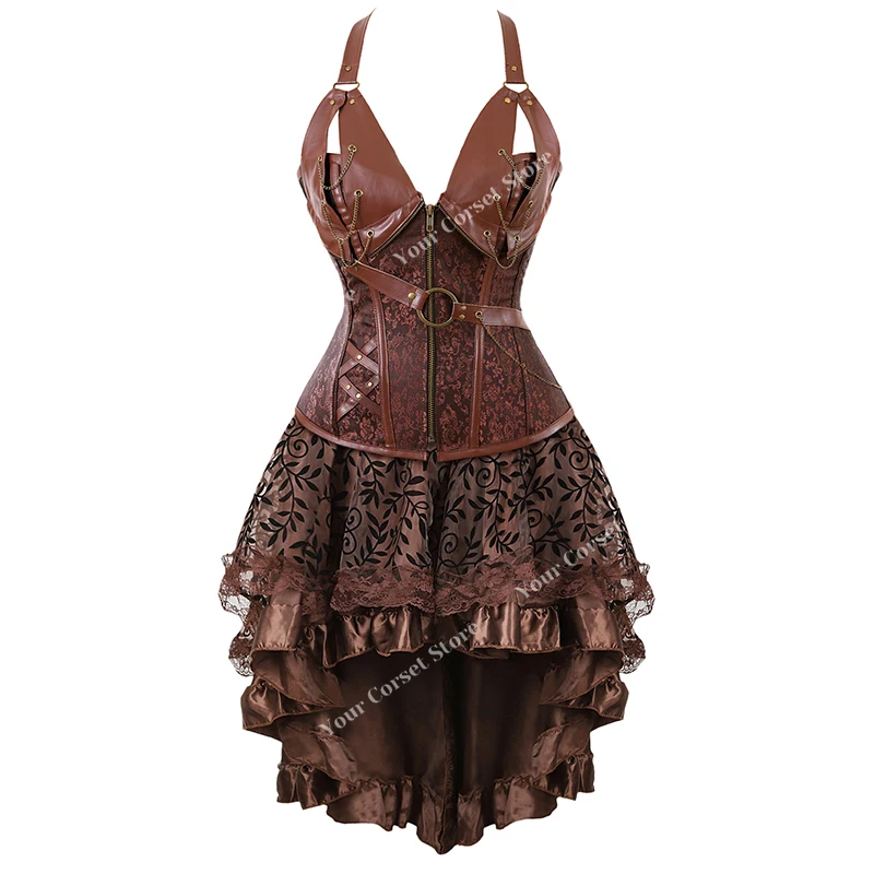 Steampunk Pirate Costume Women Corset Dress Skirt Lace Up Plus Size Zipper Faux Leather Corset Dress Brown Pirate Costume