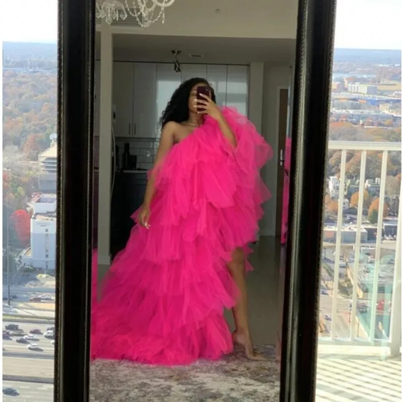 

Hot Pink Evening Dresses Tiered Robe abiye Evening Dress Elegant Party Wear Tulle Evening Gown Long Vestido De Festa Longo