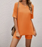 2021 summer new style women solid color short sleeve shorts with tight shorts sports home two piece suit stuck