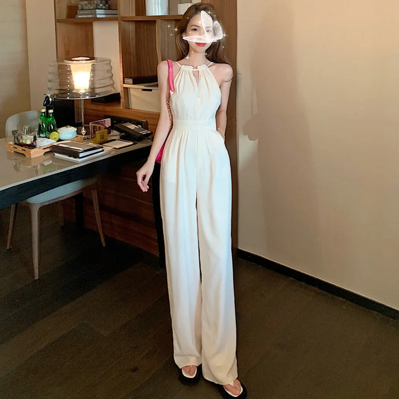 

Women Summer White Casual Jumpsuits Temperament High Waist Loose Straight Hollow Out Sexy Halter Sleeveless Jumpsuits Rompers
