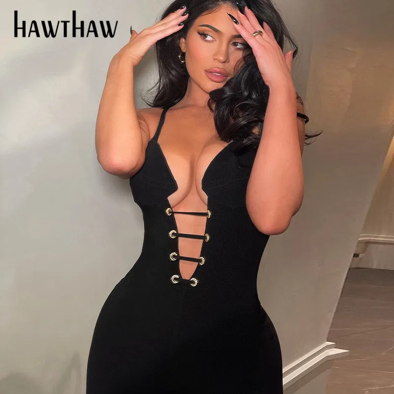Женский летний Облегающий комбинезон Hawthaw однотонный черный без рукавов с