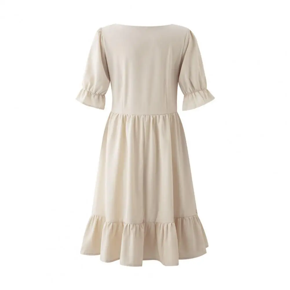 

Женское платье выше колена, однотонное ТРАПЕЦИЕВИДНОЕ ПЛАТЬЕ с квадратным вырезом, коротким рукавом с оборками, для офиса, лето 70%