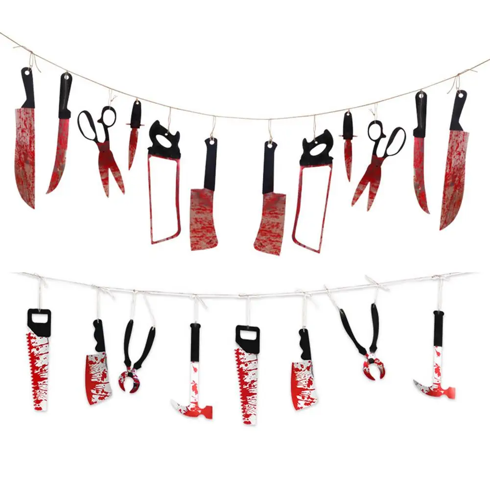 

Halloween Cutter Hangings Horror Spooky Party Haunted House Hanging Garland Pendant Banner Decoration Blood Knifes Tools