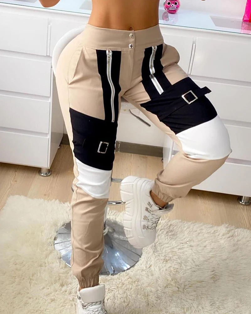 

Patchwork Cargo Pants Women Summer Casual Button MID Skinny Ankle-Length Pencil Pants