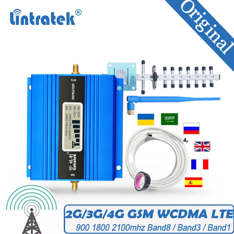

Усилитель сигнала 1800 LTE Lintratek 2G 3G 4G Home 900 2100 МГц, усилитель сигнала WCDMA, полный комплект, ретранслятор сигнала сотового телефона
