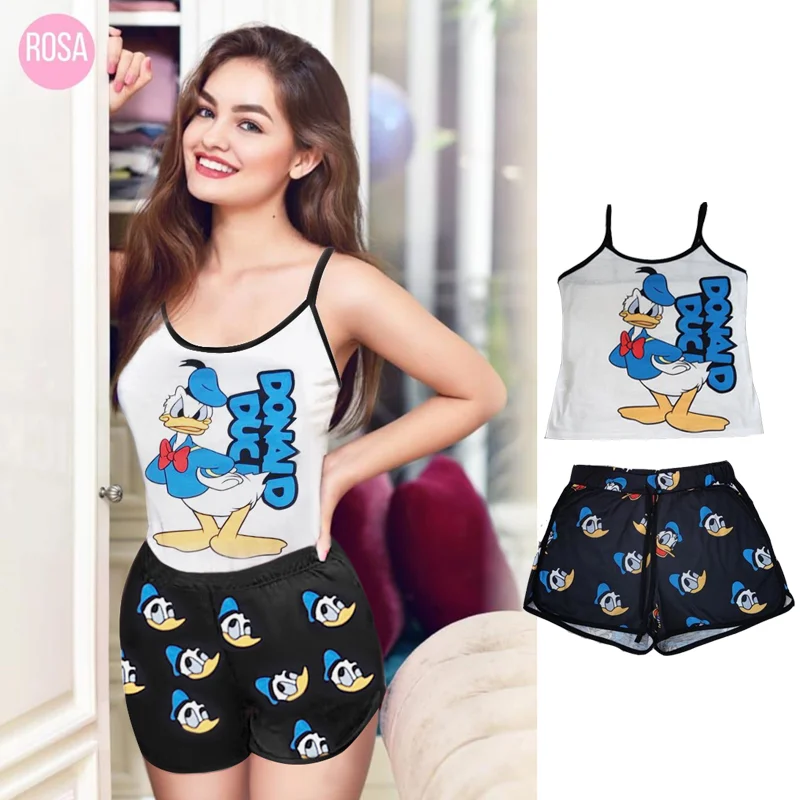 

Disney Cartoon Mickey Mouse Donald Duck Printed Tank Top Shorts Ladies Suit Sexy Sling Fashion Tight Women 2021 New
