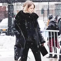 mandylandy warm coat winter long sleeve zipper turn down collar faux leather coat womens casual solid color plush splicing coat