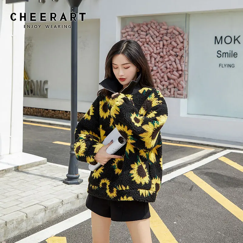 Женский флисовый пуловер с принтом подсолнуха Ulzzang теплая Толстовка Оверсайз