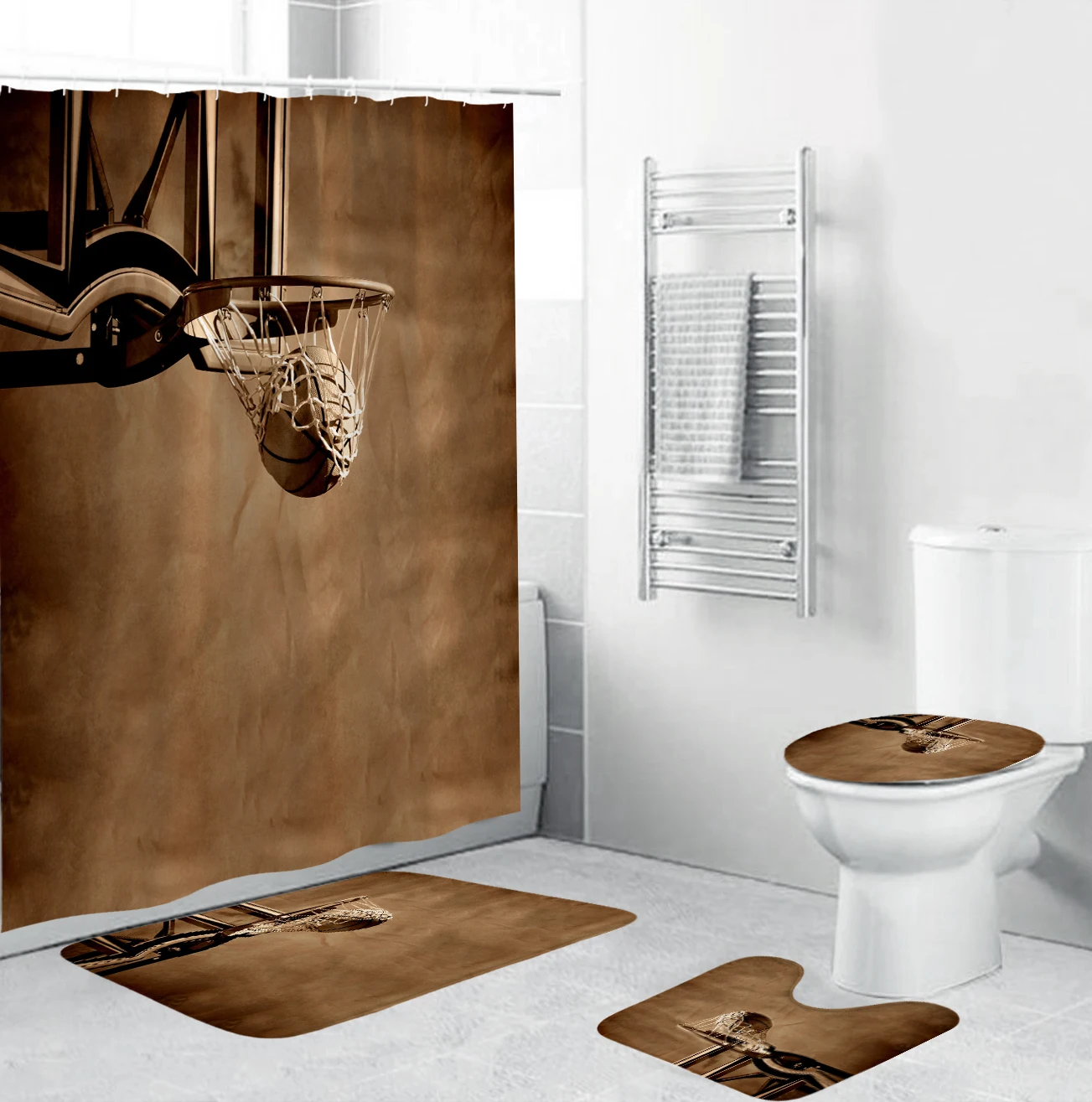 

Passionate Basketball Fabric Shower Curtain Retro Backboard Bathroom Curtains Non-Slip Rugs Toilet Lid Cover Mat Carpet Set