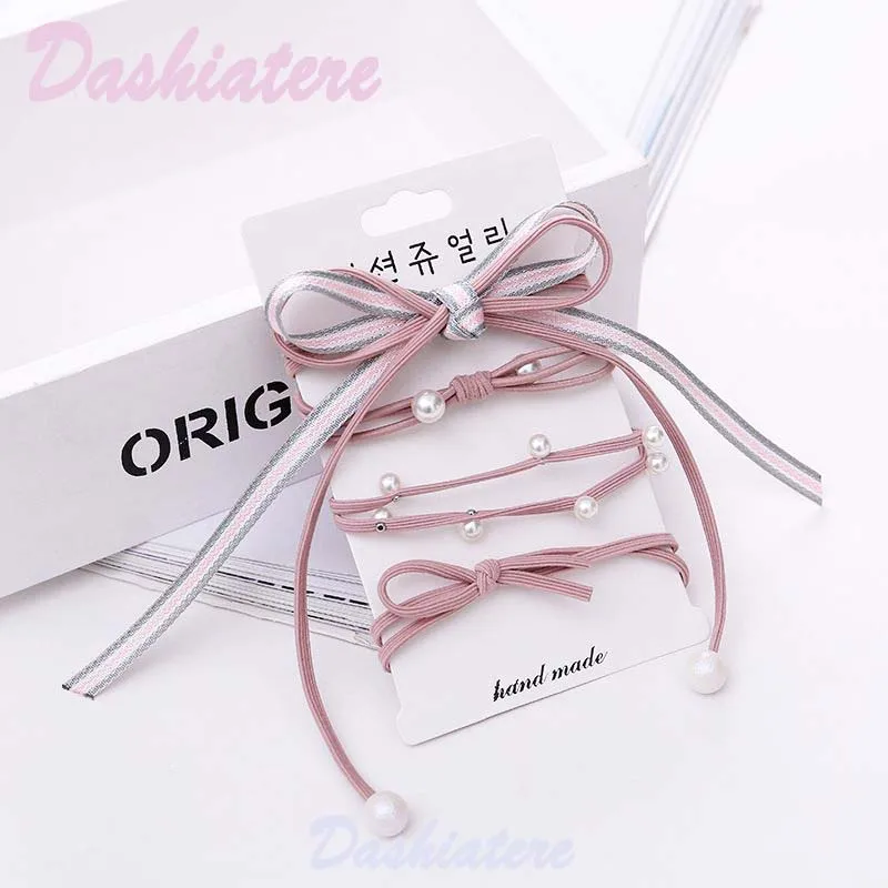 

4pcs/lot Hair Ties Scrunchies Set for Women Pink Head Accessories Pearl bow Rubber Band Teen Girls Elastics Ponytail Holder Rope