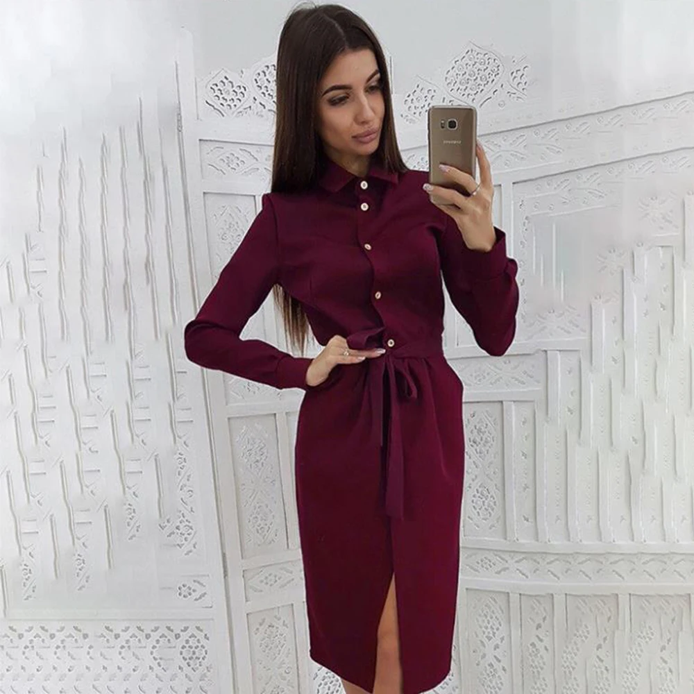 

Женское платье-рубашка с длинным рукавом, поясом, отложным воротником, карманами, весна-осень
