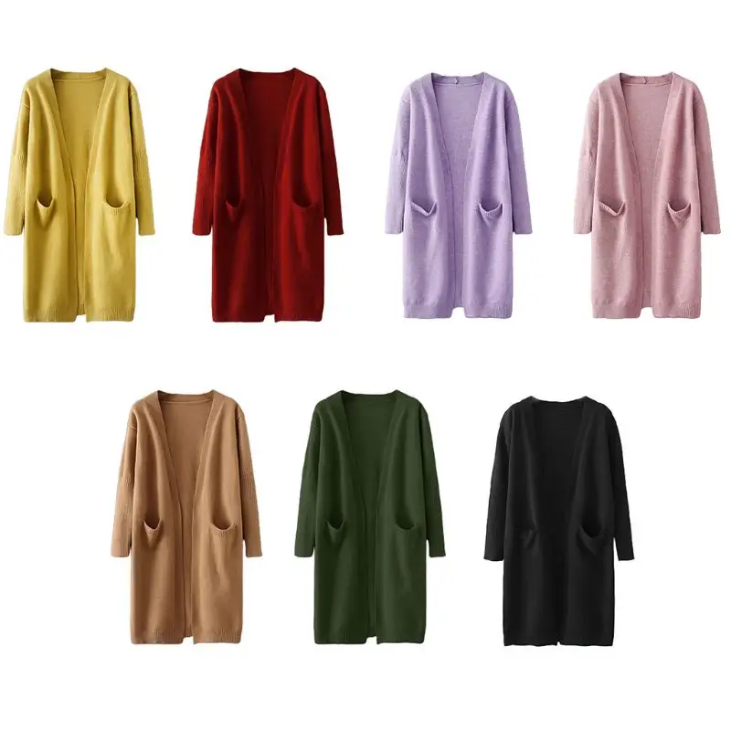 

Womens Autumn Long Sleeve Open Front Cardigan Solid Candy Color Knitted Loose Midi Sweaters Knee Length Outwear Coat with Pocket