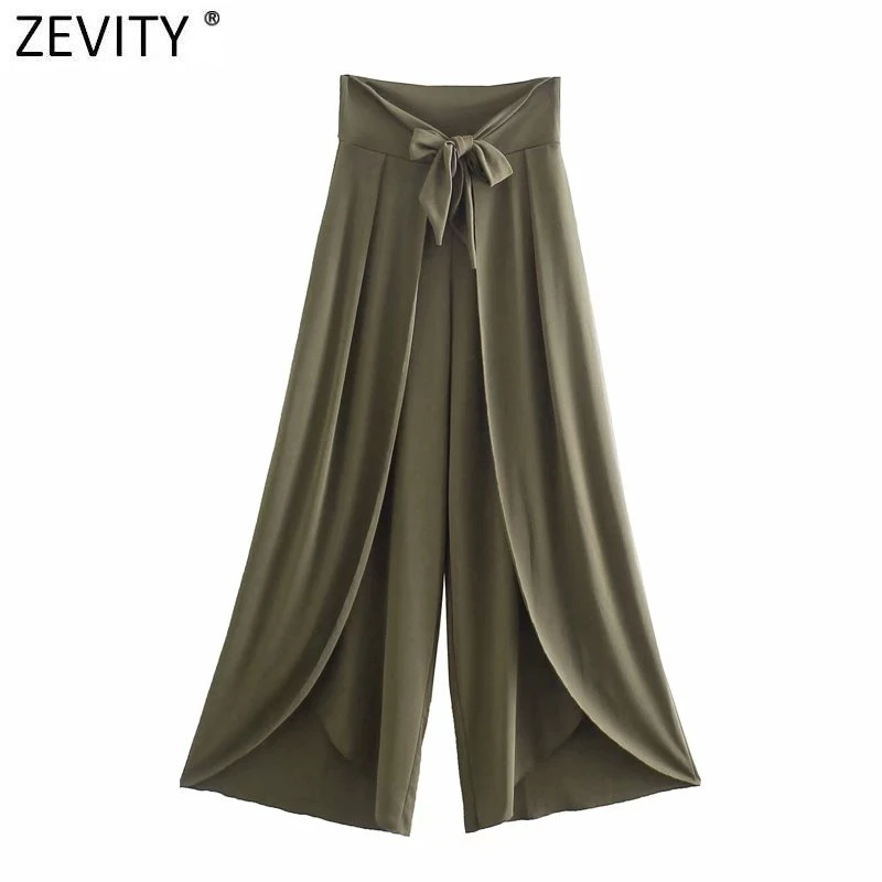 

Zevity Women Vintage Solid Color Front Bow Tied Hem Irregular Wide Leg Pants Retro Femme Chic Ankle Length Sarong Trousers P1013