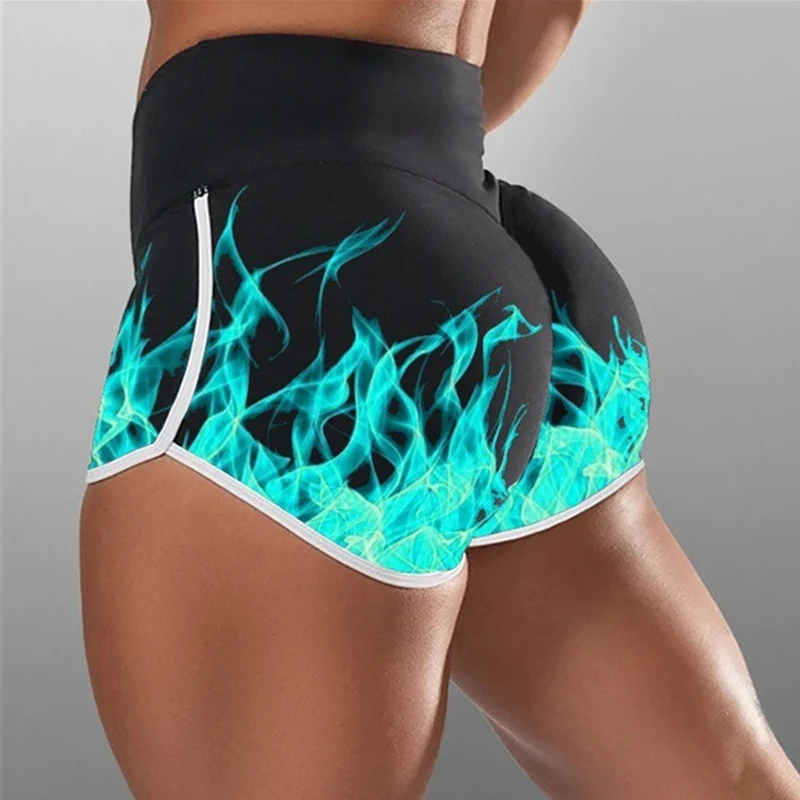 

New Women High Waist Yoga Shorts Fire Flame 3D Printed Butt Lifting Tights Pants Shorts SCI88