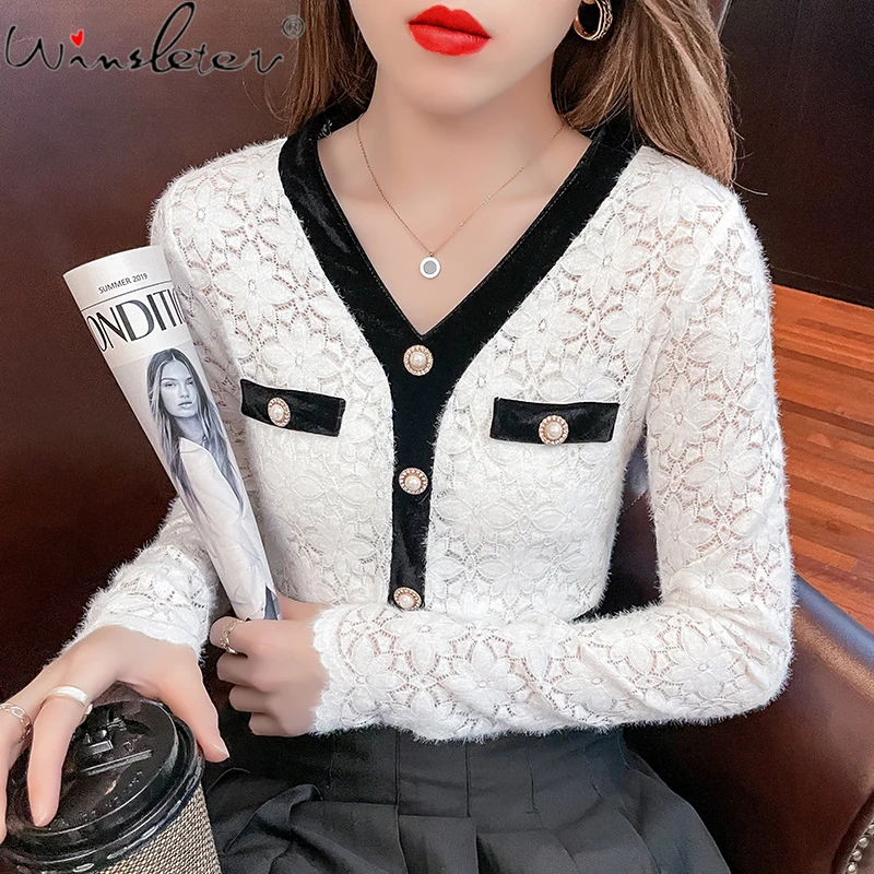 

Fall Winter European Clothes T-Shirt Chic Sexy V-Neck Hollow Out Black White Color Matching Women Tops Pullover Tees New T19313A