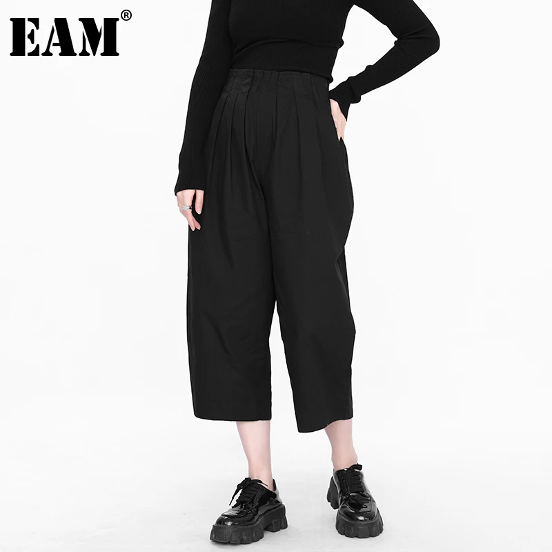 

[EAM] брюки с высокой эластичной талией цвета хаки, черные длинные широкие брюки, новые свободные брюки, женские модные брюки, весна-осень 2022, ...