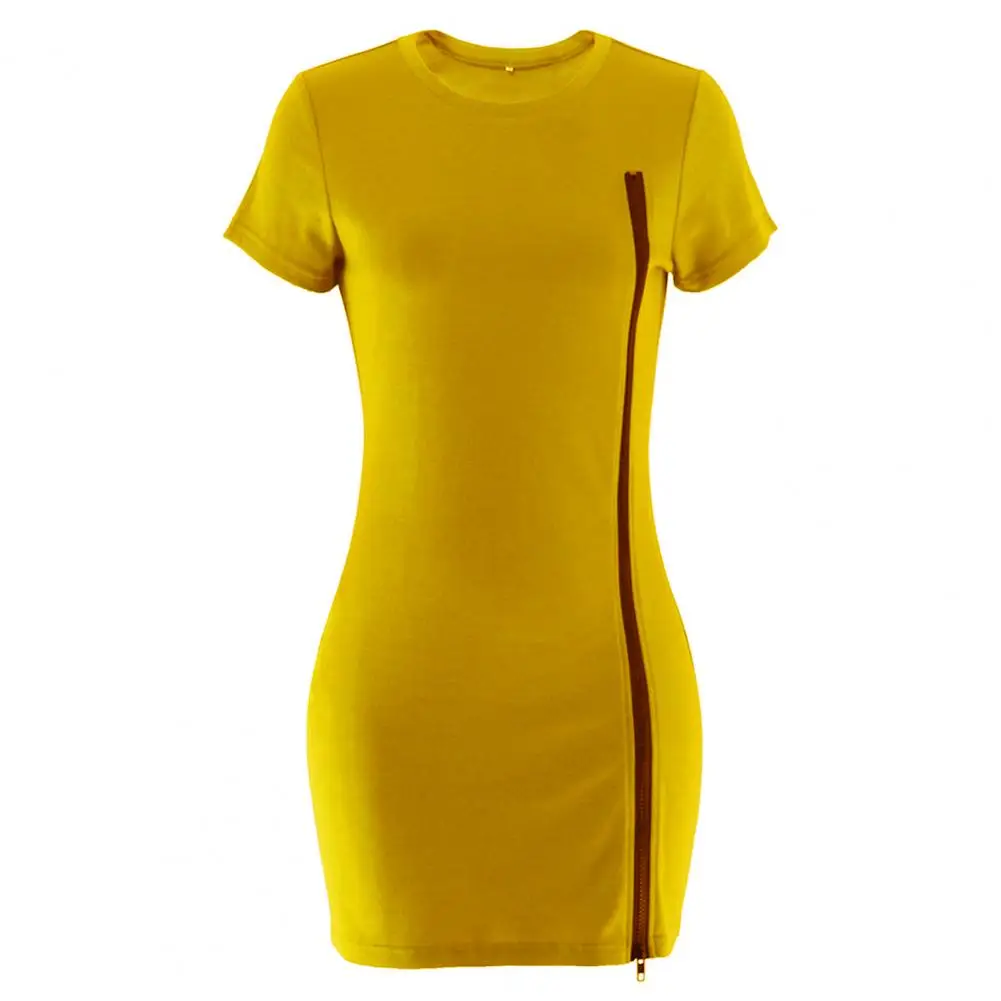

HOT SALES!!!Women Dress Short Sleeve Long Zipper Cotton Blend Solid Color O Neck Streetwear for Summer