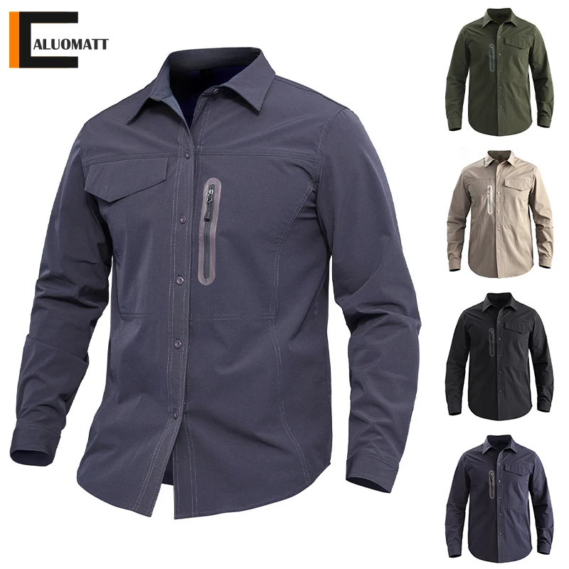 

High Quality Military Shirt Men Slim Fit Dress Shirts Men Outdoor Casual Long Sleeve Army Lapel Neck Blouse Tops Chemise Homme