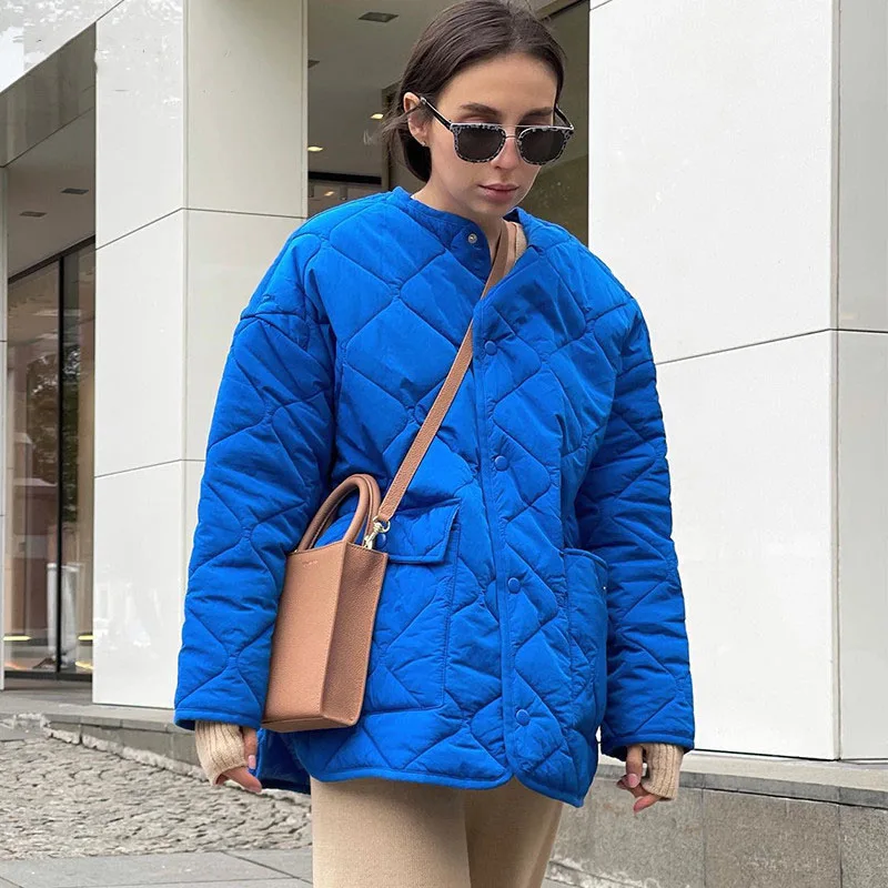 

2022 Winter Blue Oversize Puffer Jackets for Women Casual Fashion Warm Cotton Button Down Quilted Coat and Jacket Loose Street