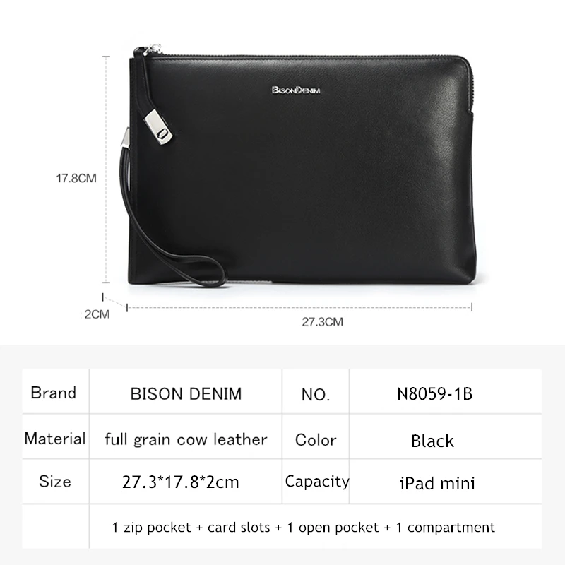 BISON DENIM, натуральная кожа, мужской клатч с замком, известный бренд, кошелек для телефона, мужской, на молнии, держатель для карт, кошелек, iPad, кошелек для телефона, N8059