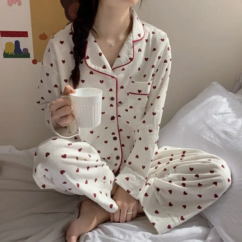 

Homewear Winter Cotton Print Sweetheart Pajamas Set Women Lounge Set Pyjamas Sleepwear Nightwear Pijama Mujer