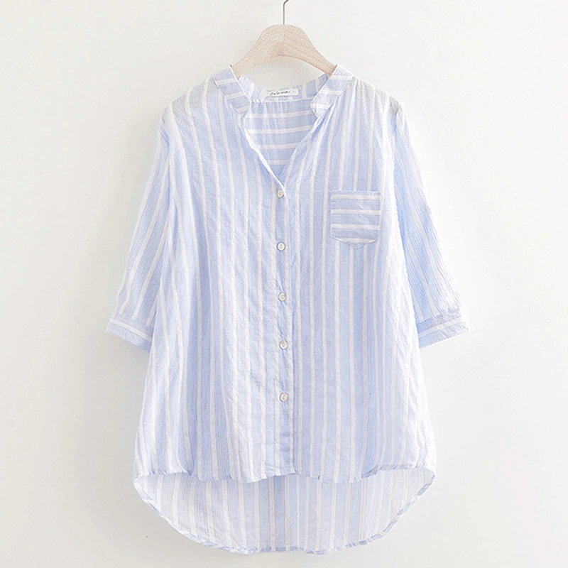 Женская блузка в полоску с v образным вырезом удобная повседневная длинная