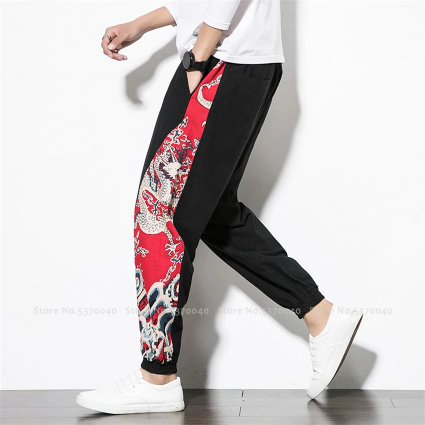 Мужские широкие шаровары Ukiyo e Dragon льняные брюки в японском стиле Харадзюку