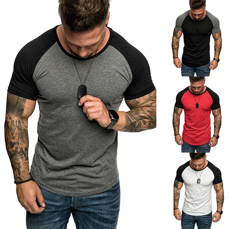 2021 Elastic Mens Short Sleeve T Shirts Men Summer High Quality Raglan T-shirt Fashion Hip Hop Top Tees Simple Splicing Style
