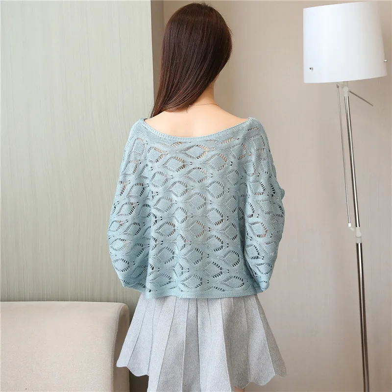 

Solid Color Crew Neck Hollow Out Women's Pullover Thin Sweater Spring / Summer 2020 Korean Languid Loose Thin Money Bat Smock