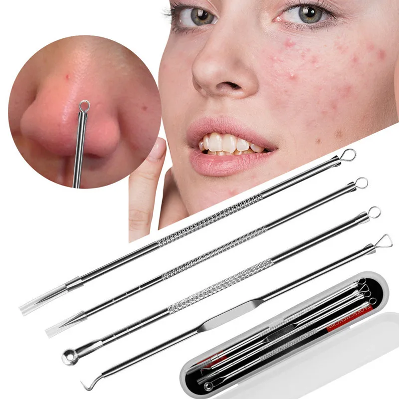 Stainless Steel Silver 4pcs Blackhead Comedone Acne Pimple Blemish Extractor Remover Tool For Face Skin Care | Красота и здоровье