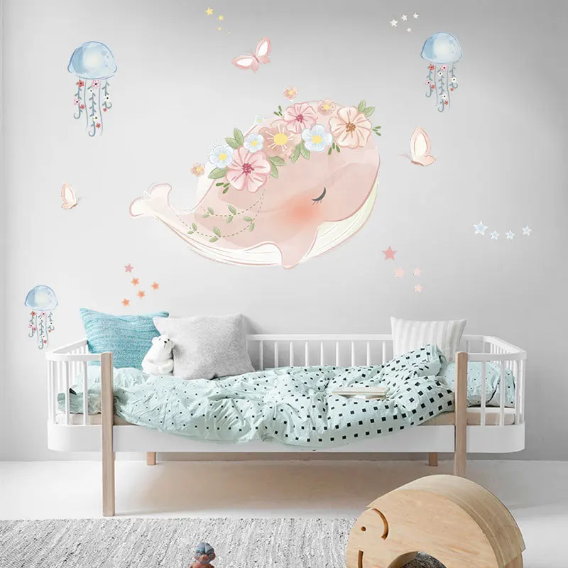

Cartoon Creative Whales Wall Stickers Flower for Kids Room Girls Bedroom Decor Mural Living Room Decoration Wallpaper Poster