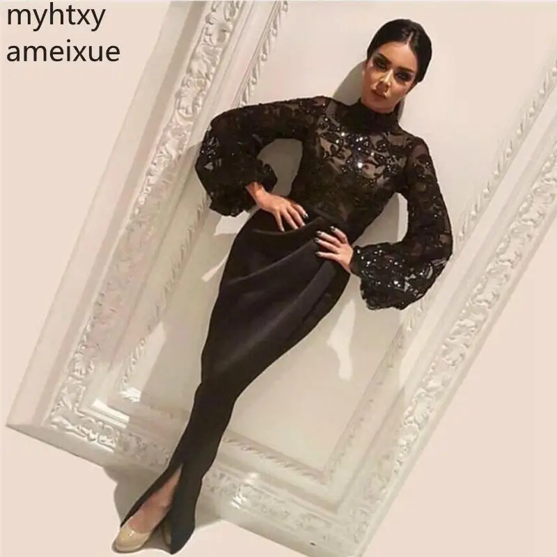 

Hot New Black Long Sleeve Plus Size Custom Evening Dress 2021 Dubai Arabic Gown Abiye Gece Elbisesi Formal Party Robe De Soiree