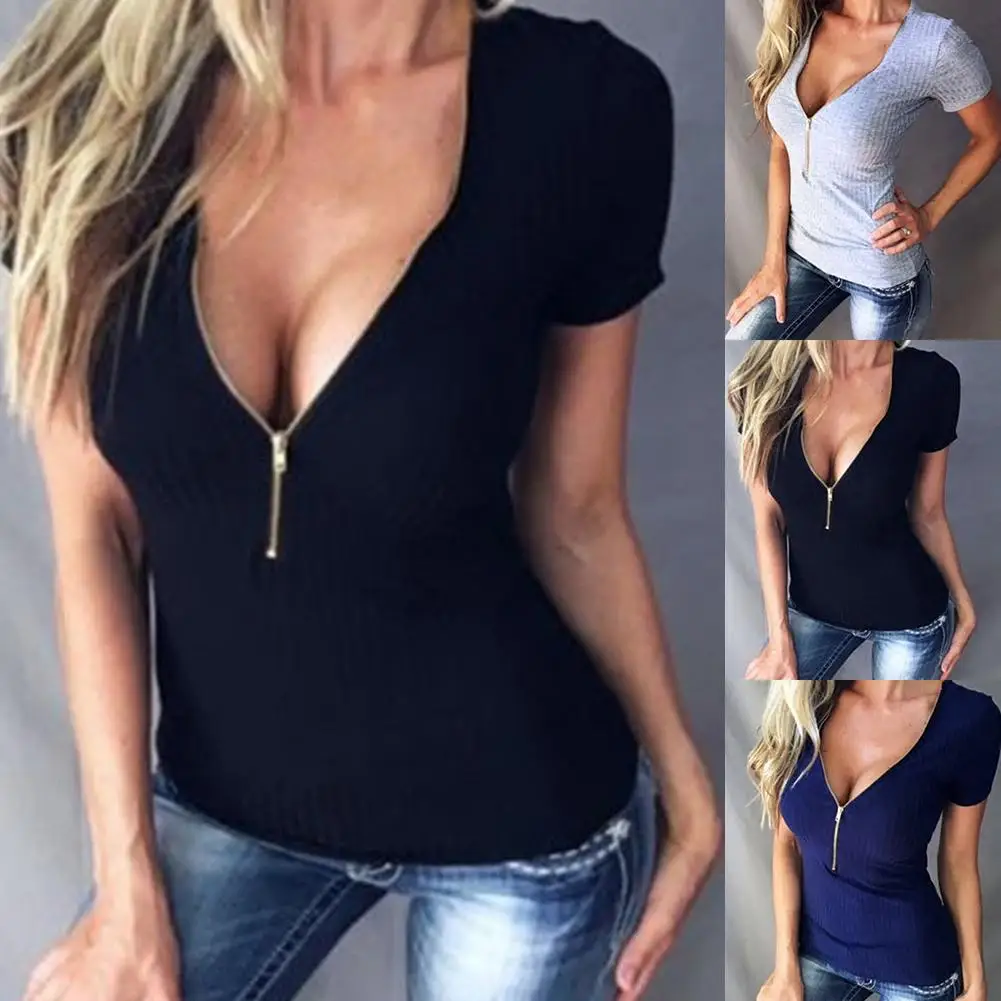 Sexy Pullover Women Solid Color Short Sleeve Deep V Neck Zipper Slim T-shirt Black Blue Grey Basic Top Spring Autumn | Женская одежда