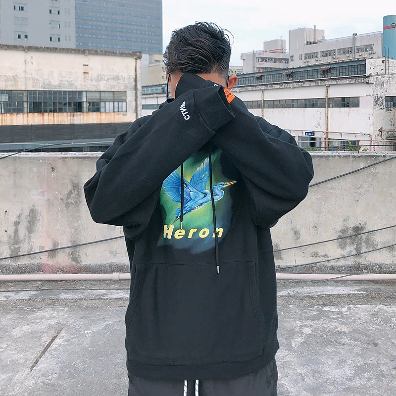

Summer Men's and Women's Tide Brand High Street Heron Print Hoodie Fashion Casual Men's Top